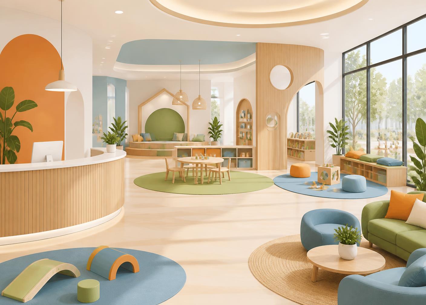 Interior of a Kryda physical centre with activity zones, reading nook and parent lounge