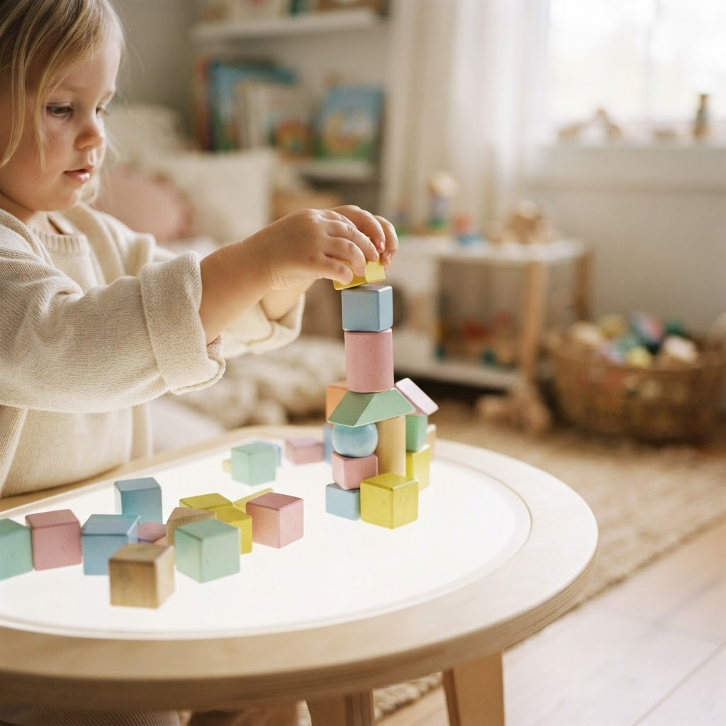Child stacking colorful wooden blocks