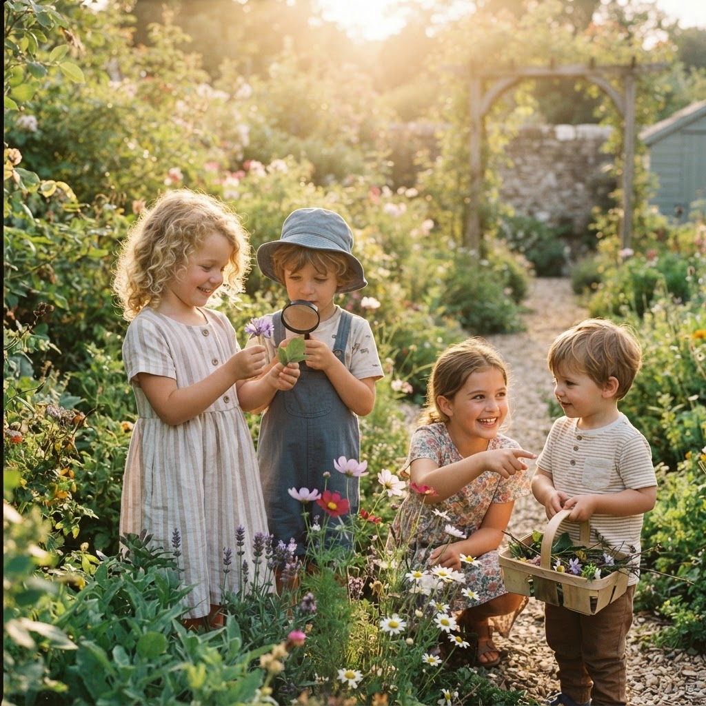 Children exploring nature outdoors in the garden
