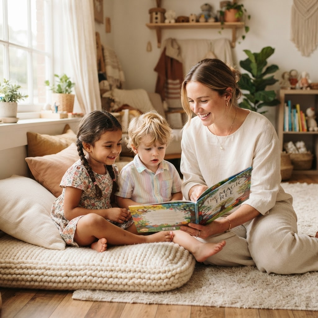 Mentor reading a picture book with two children