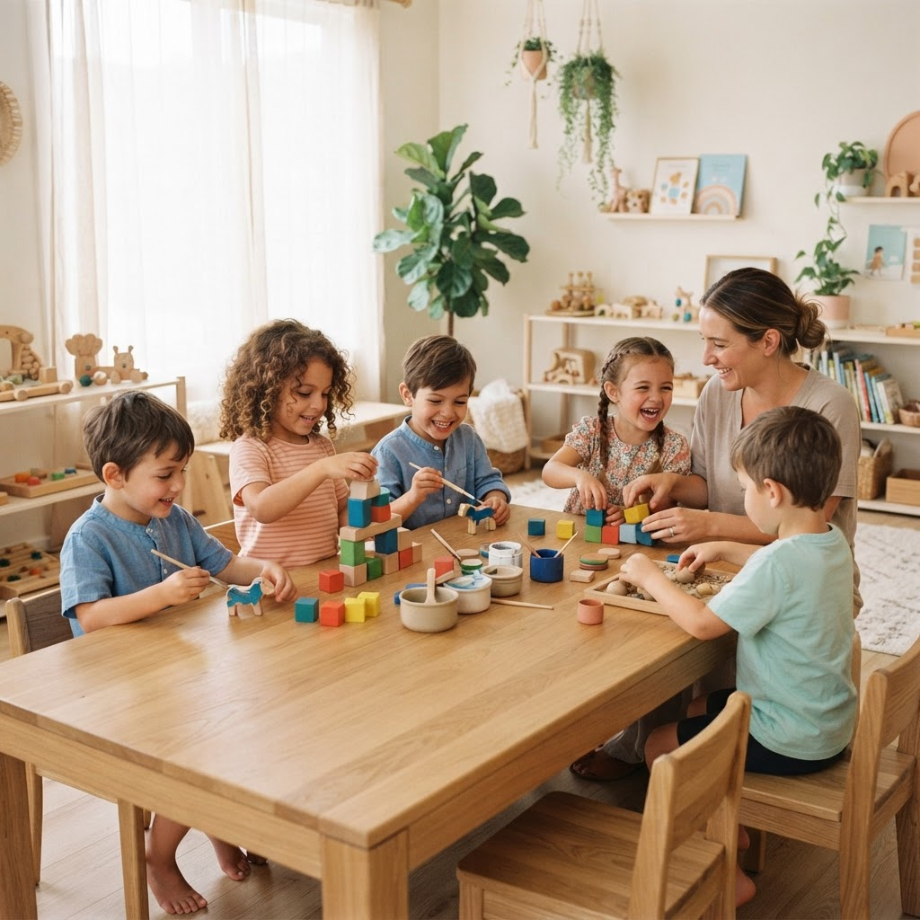 Young children joyfully learning with wooden blocks and paint alongside a mentor